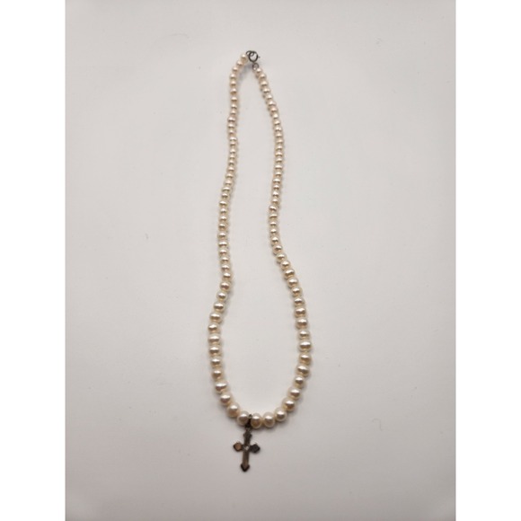 Sterling Silver 925 Freshwater Pearl Cross Pendant Necklace 16 Inch Creamy White - Picture 3 of 8